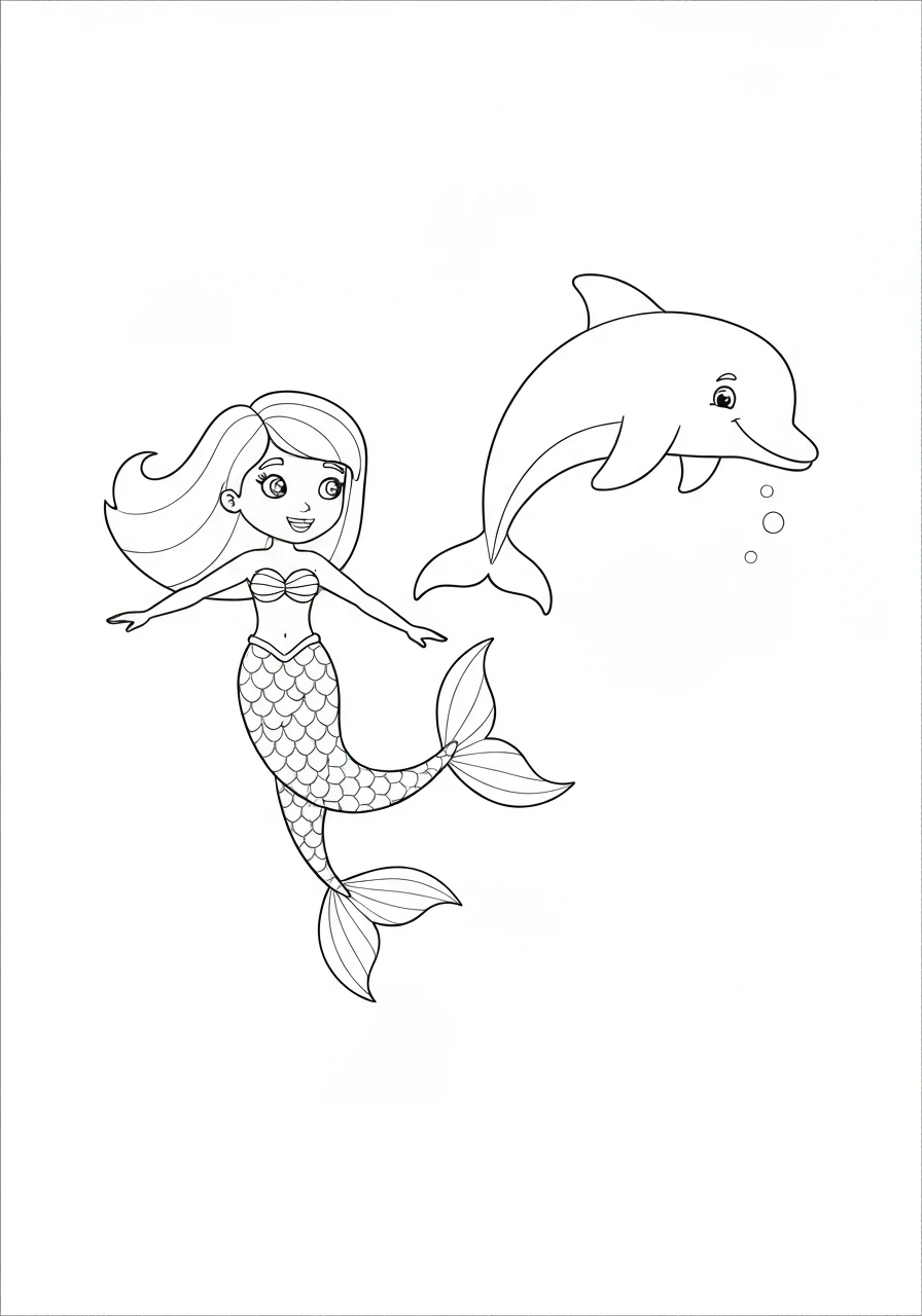 Syrenka i delfin - kolorowanka podwodna przyjaźń - kolorowanka line-art do druku