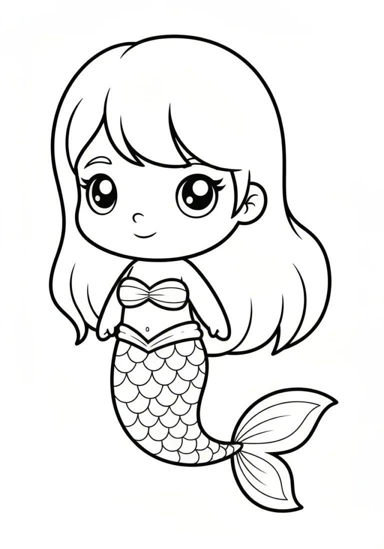 Syrenka kawaii chibi - kolorowanka urocza - kolorowanka line-art do druku