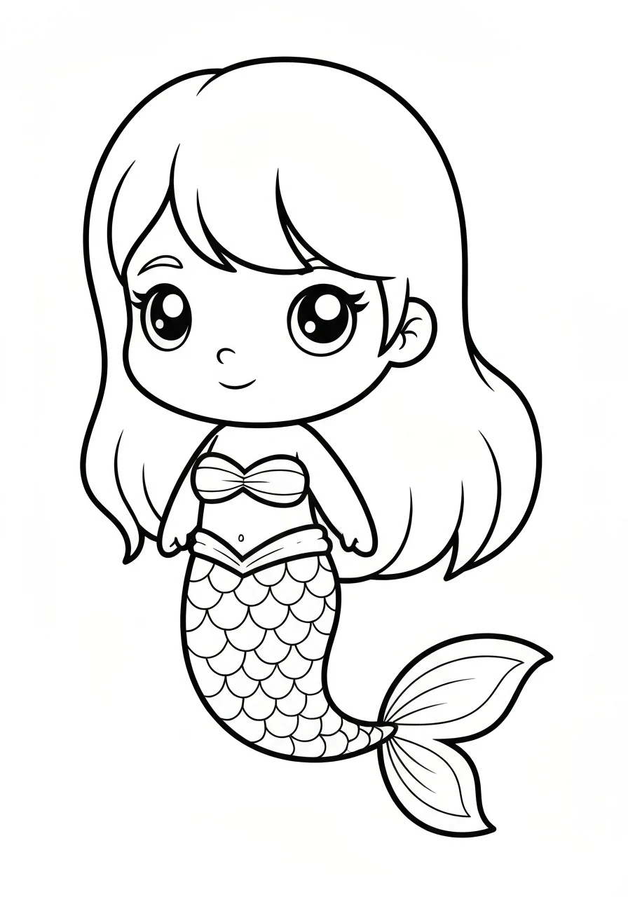 Syrenka kawaii chibi - kolorowanka urocza - kolorowanka line-art do druku