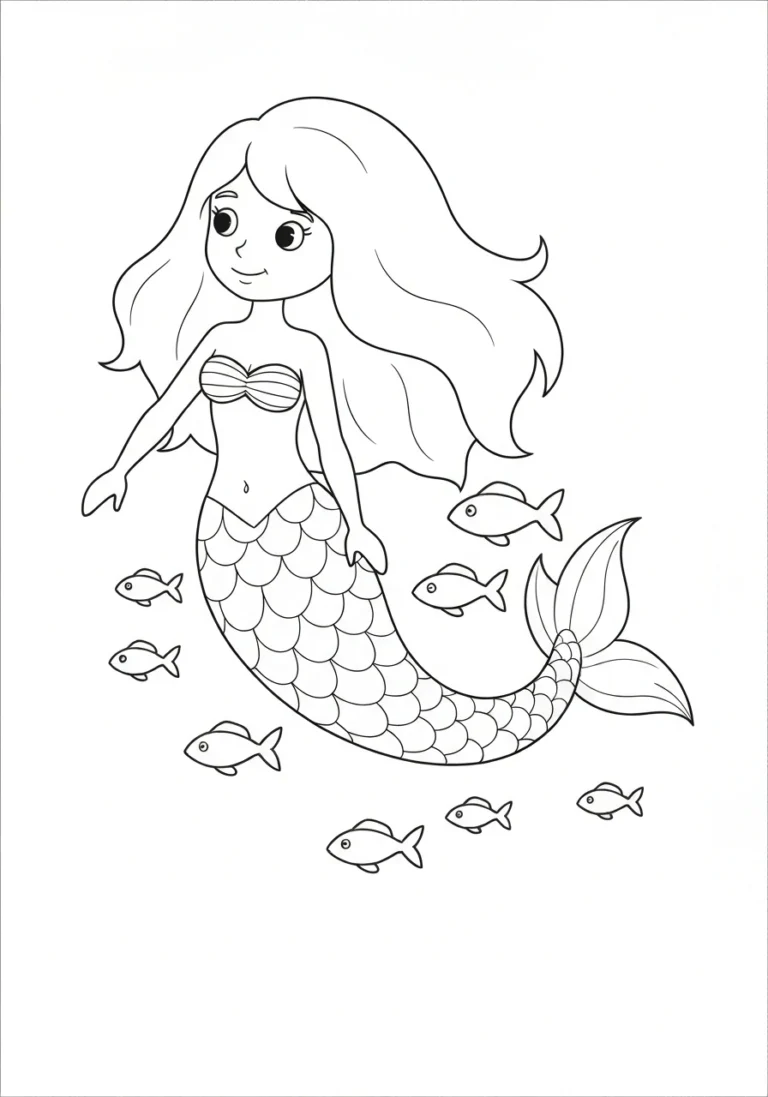 Syrenka pływająca z rybkami - line-art łatwy - kolorowanka line-art do druku