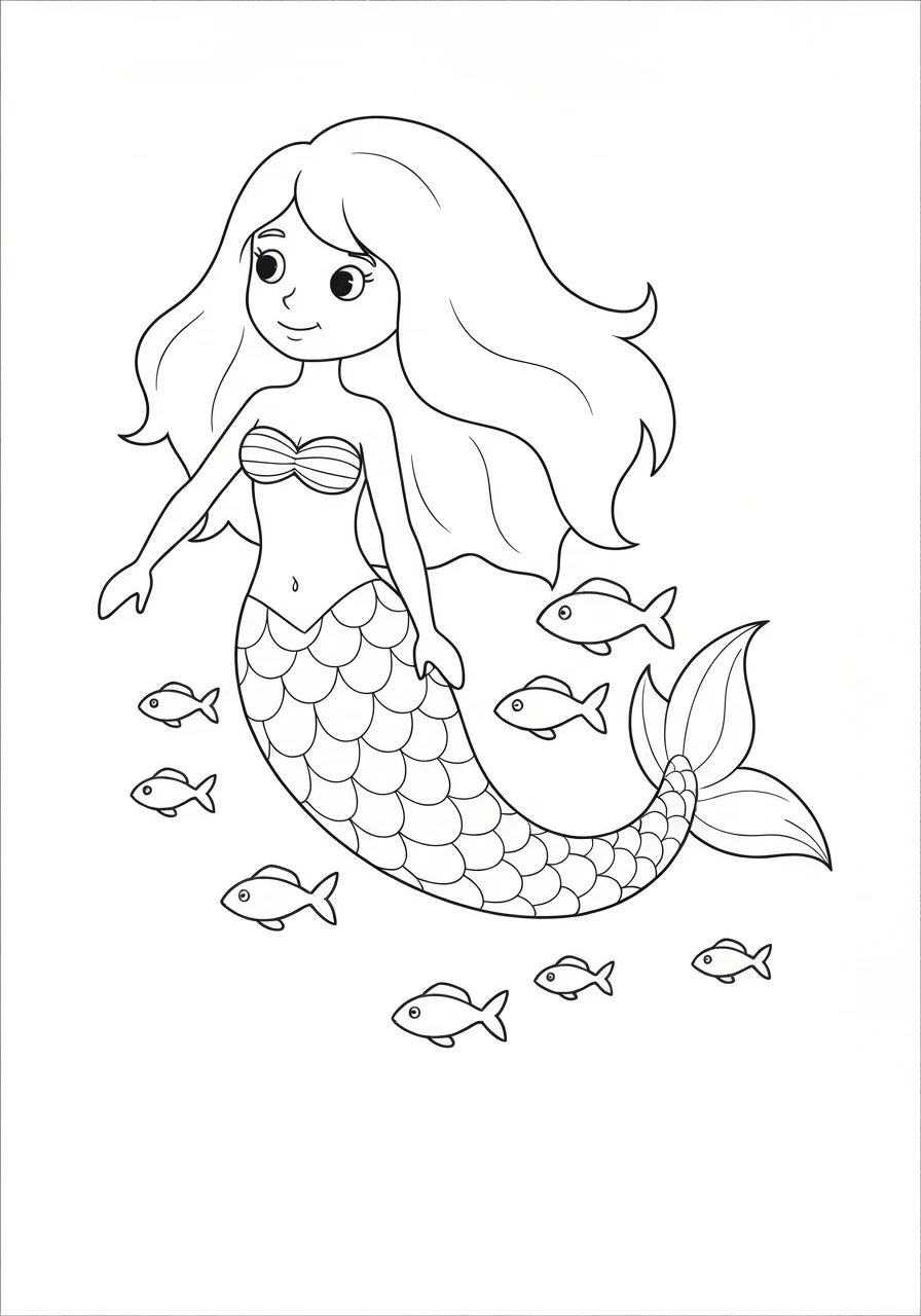 Syrenka pływająca z rybkami - line-art łatwy - kolorowanka line-art do druku