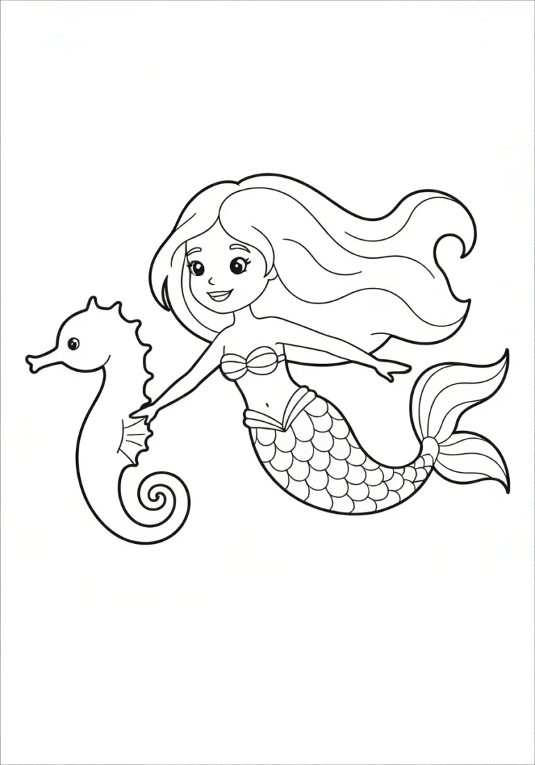 Syrenka z koniem morskim - line-art fantasy - kolorowanka line-art do druku
