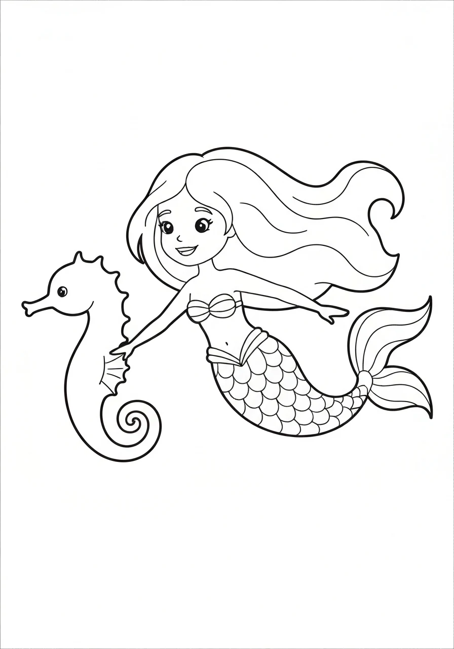 Syrenka z koniem morskim - line-art fantasy - kolorowanka line-art do druku