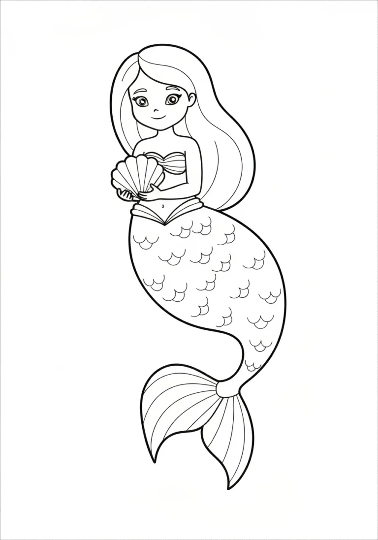 Syrenka z muszelkami - line-art delikatny - kolorowanka line-art do druku