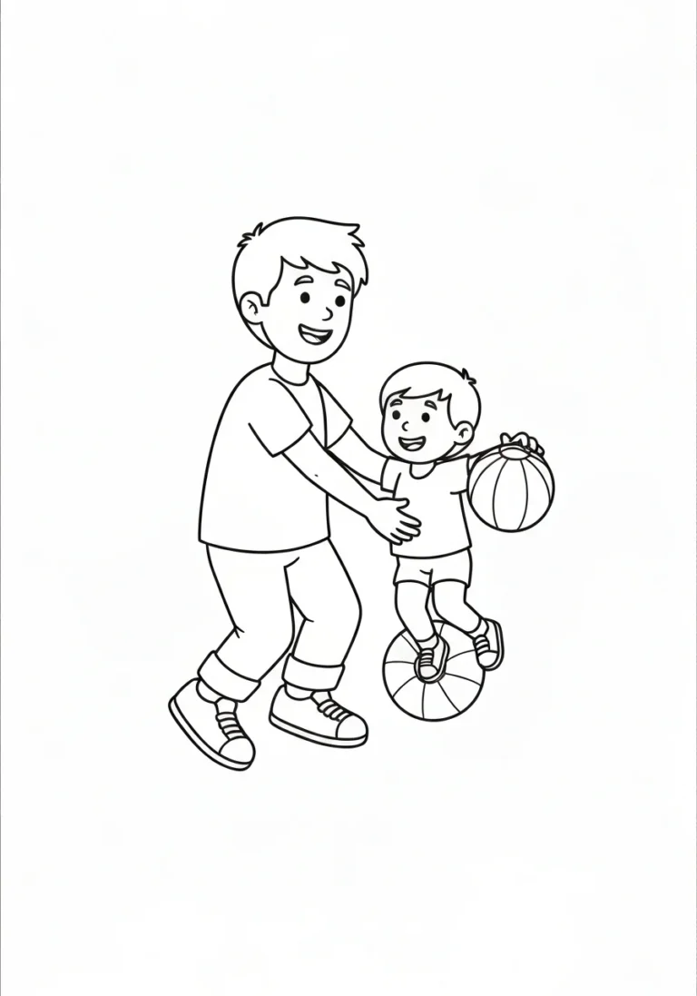 Tata gra z dzieckiem w piłkę - kolorowanka - kolorowanka line-art do druku