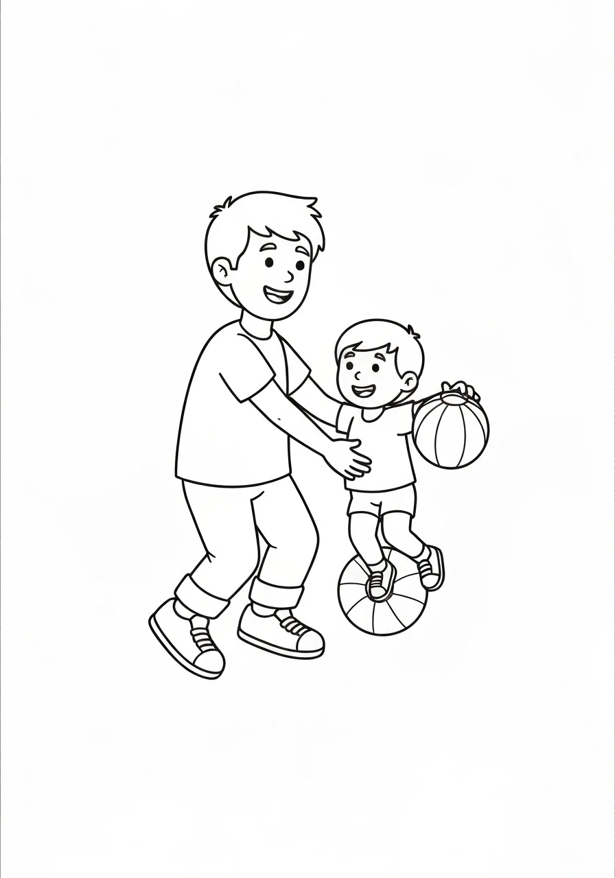 Tata gra z dzieckiem w piłkę - kolorowanka - kolorowanka line-art do druku