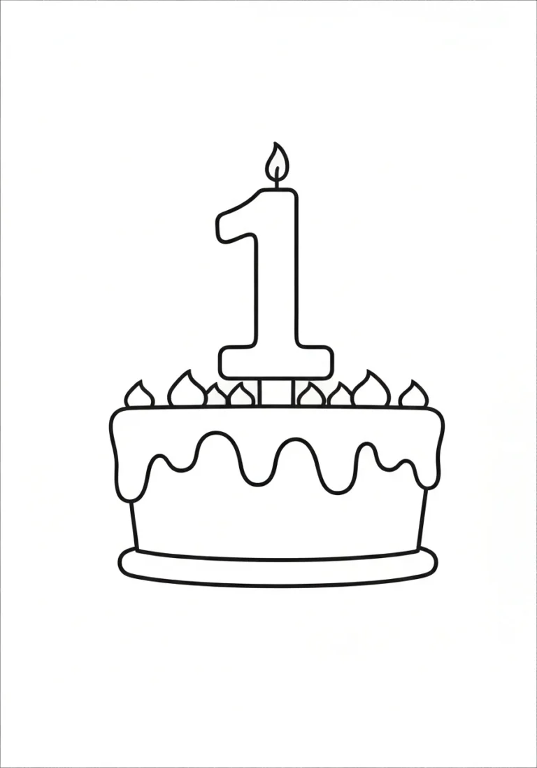 Tort urodzinowy 1 rok - kolorowanka - kolorowanka line-art do druku