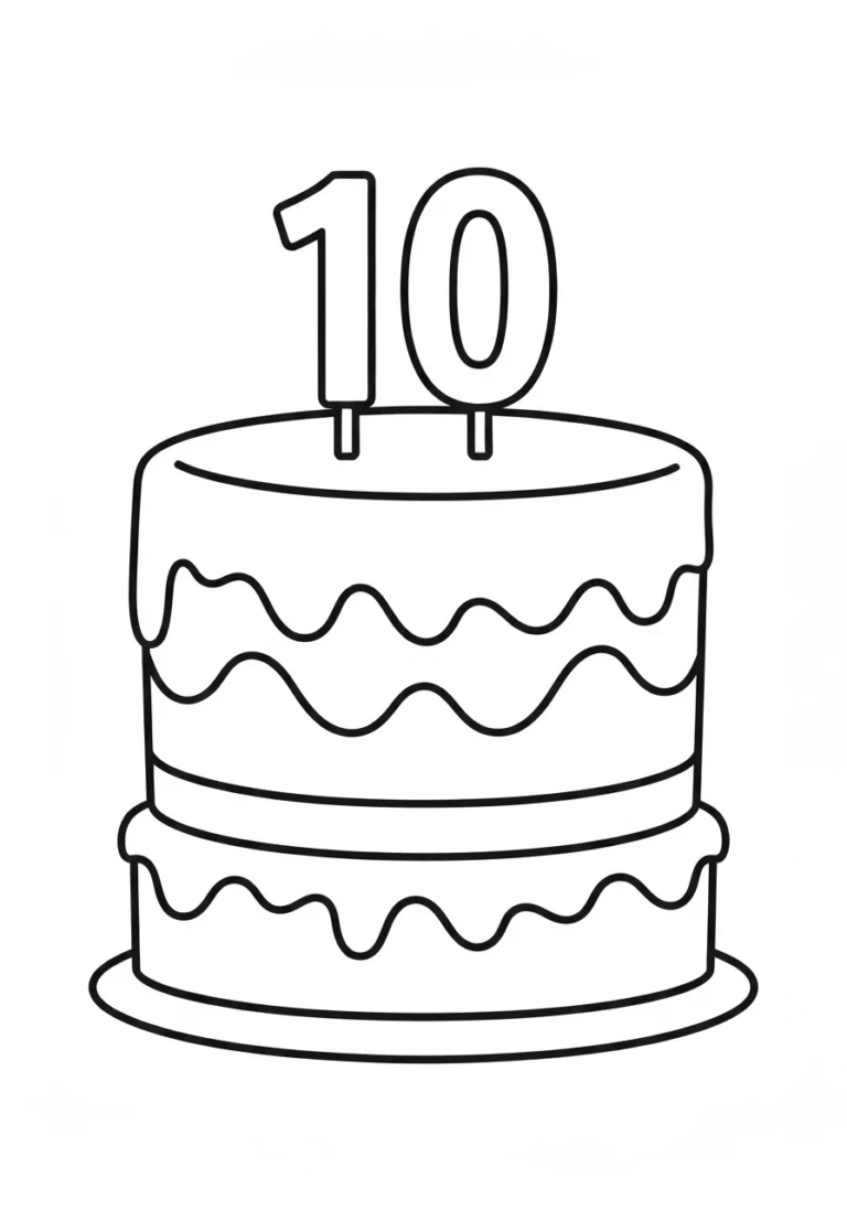 Tort urodzinowy 10 lat - kolorowanka - kolorowanka line-art do druku
