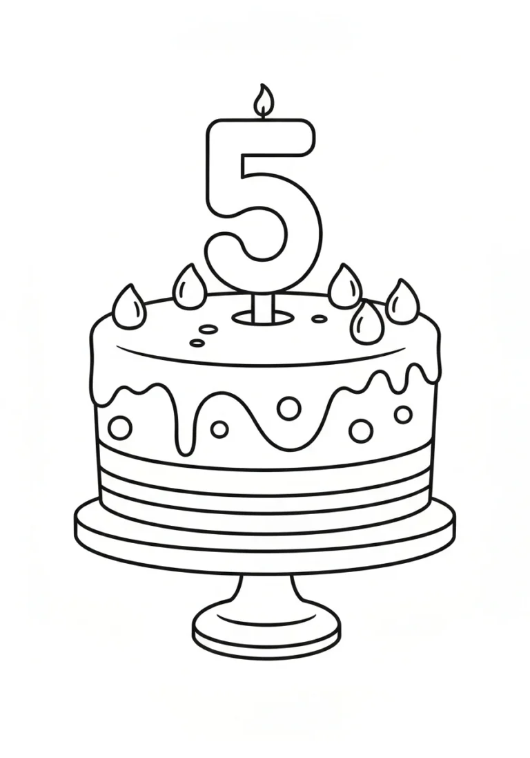 Tort urodzinowy 5 lat - kolorowanka - kolorowanka line-art do druku