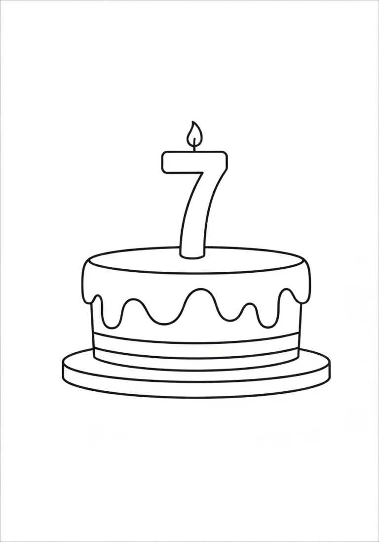 Tort urodzinowy 7 lat - kolorowanka - kolorowanka line-art do druku