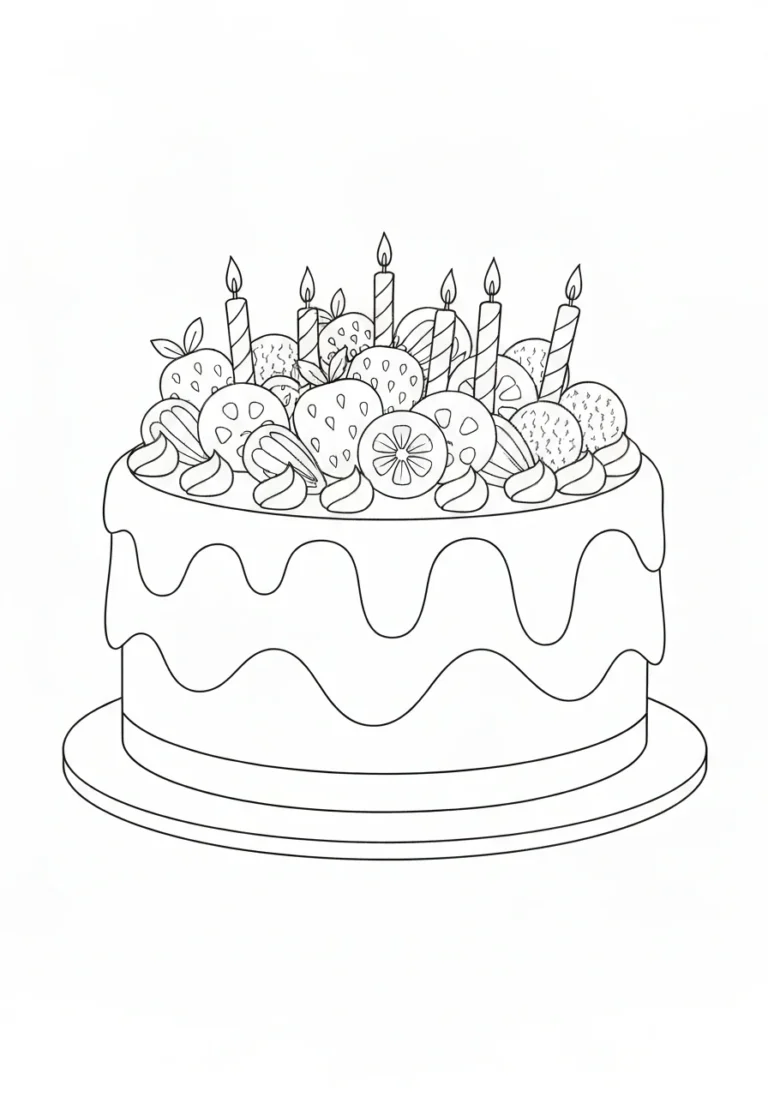 Tort z owocami urodzinowy - kolorowanka - kolorowanka line-art do druku
