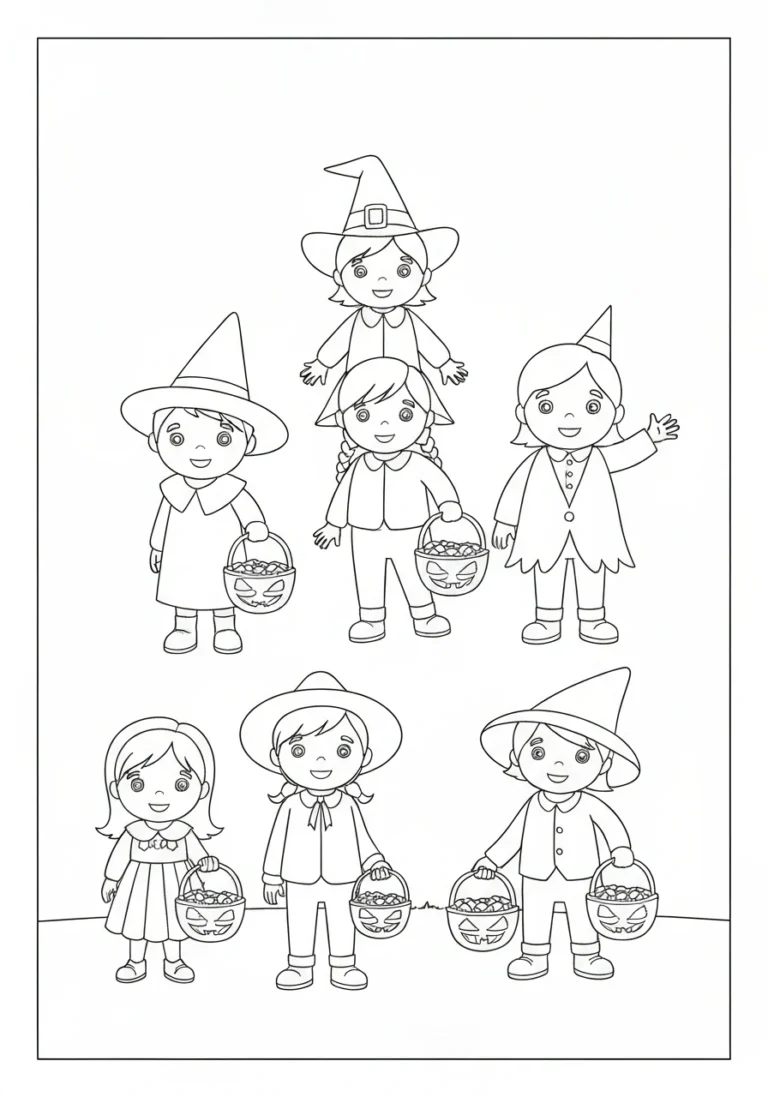 Trick or treat - dzieci z koszami - kolorowanka - kolorowanka line-art do druku