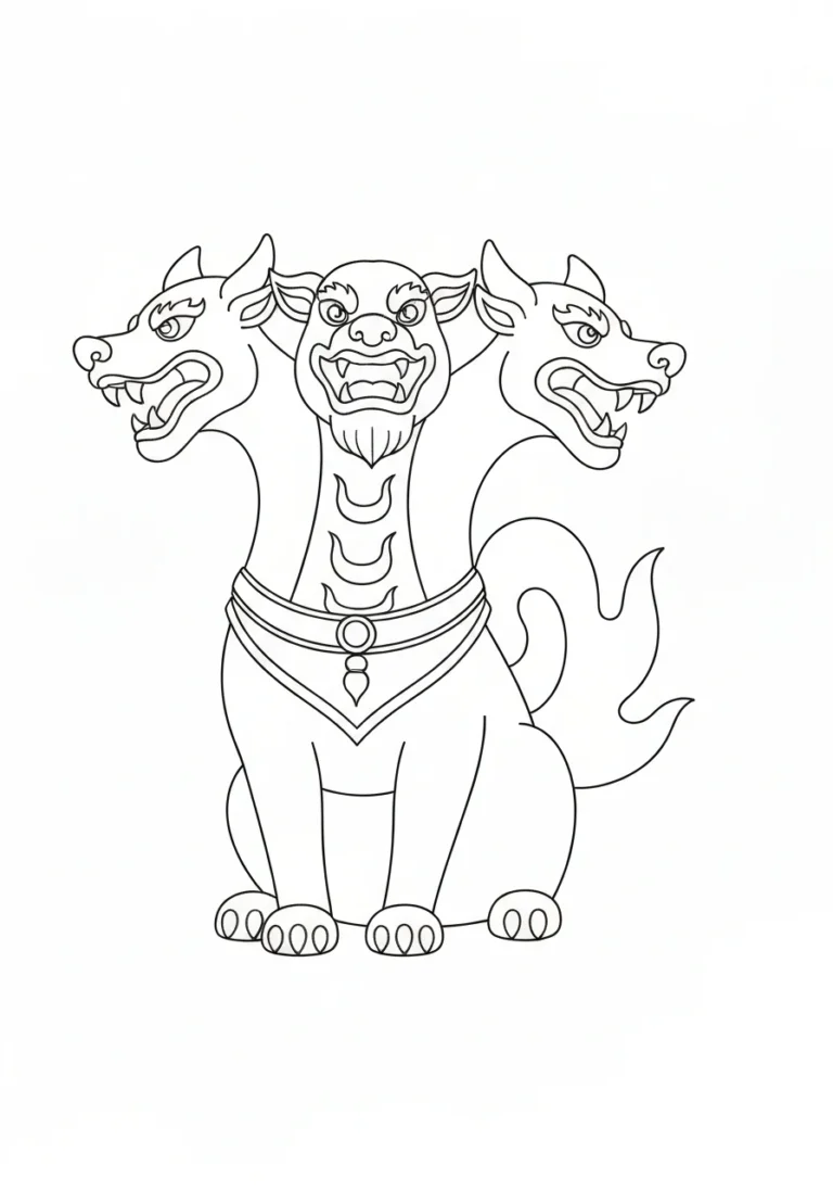 Trojgłowy pies Cerber - kolorowanka mityczna - kolorowanka line-art do druku