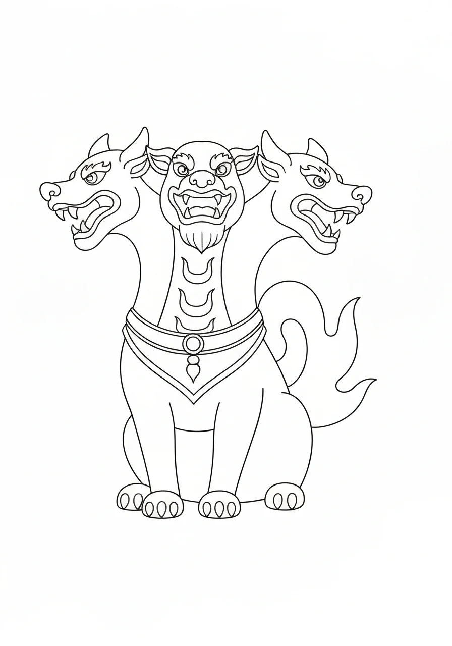 Trojgłowy pies Cerber - kolorowanka mityczna - kolorowanka line-art do druku