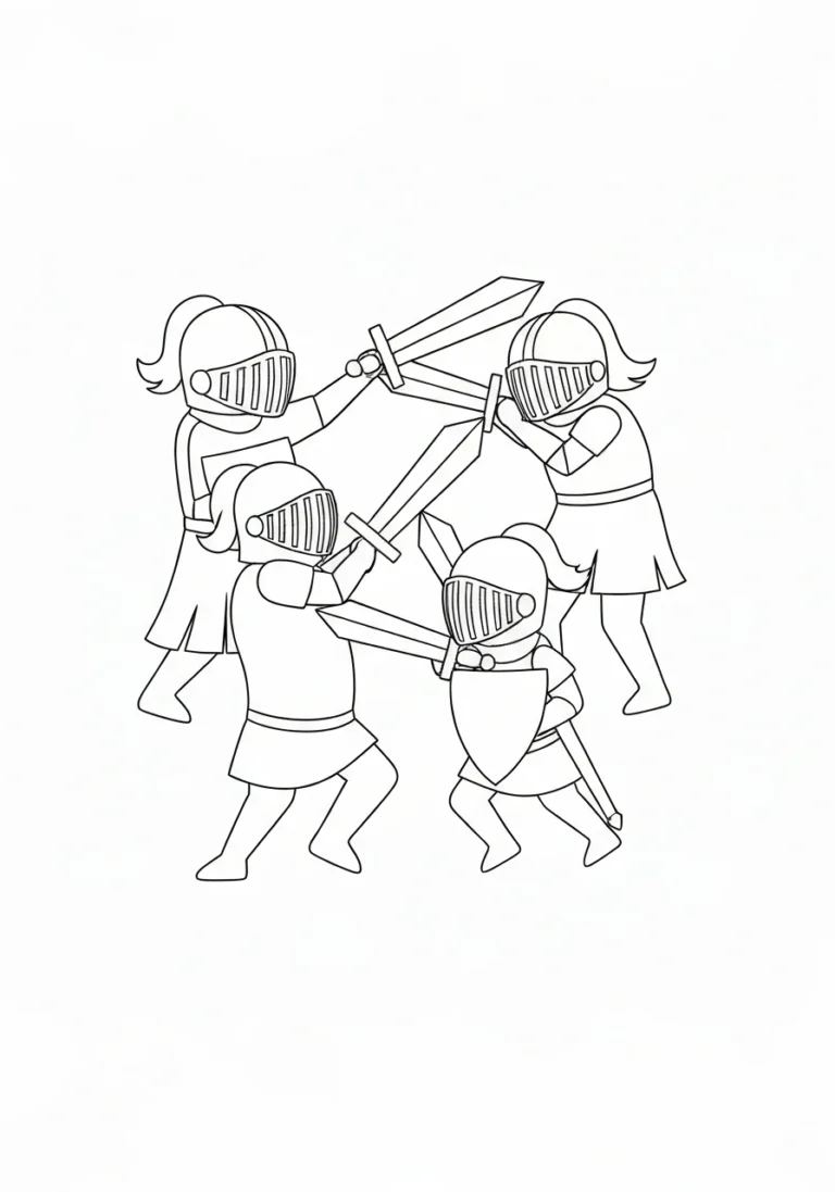 Trzech rycerzy walczących - kolorowanka grupowa - kolorowanka line-art do druku