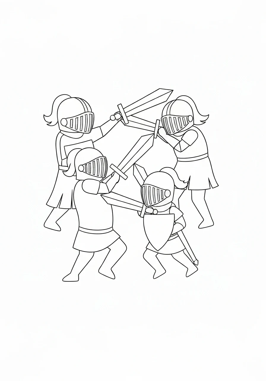 Trzech rycerzy walczących - kolorowanka grupowa - kolorowanka line-art do druku