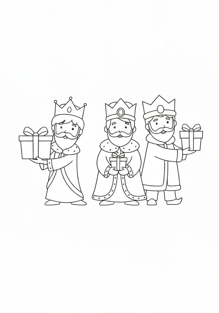 Trzej królowie z prezentami - kolorowanka 6 stycznia - kolorowanka line-art do druku