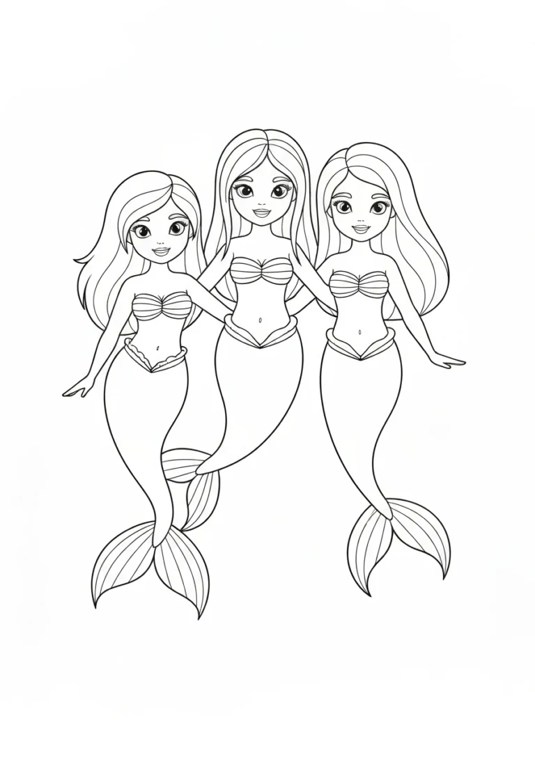 Trzy syrenki siostry - kolorowanka grupowa - kolorowanka line-art do druku
