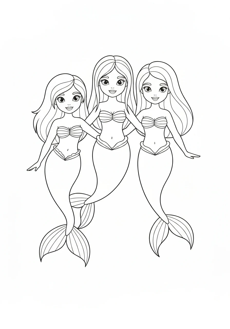 Trzy syrenki siostry - kolorowanka grupowa - kolorowanka line-art do druku