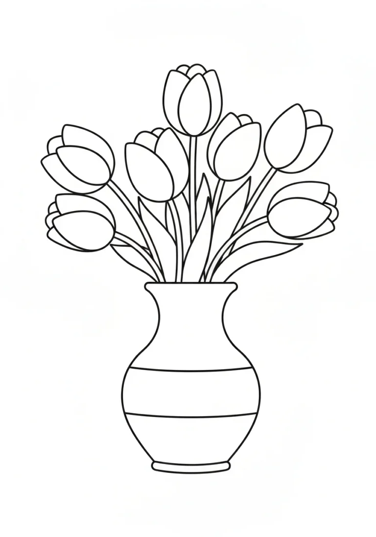 Tulipany w wazonie - kolorowanka wiosna - kolorowanka line-art do druku