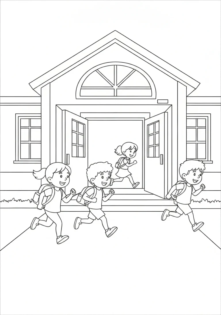 Wakacje - dzieci wybiegają ze szkoły - kolorowanka - kolorowanka line-art do druku