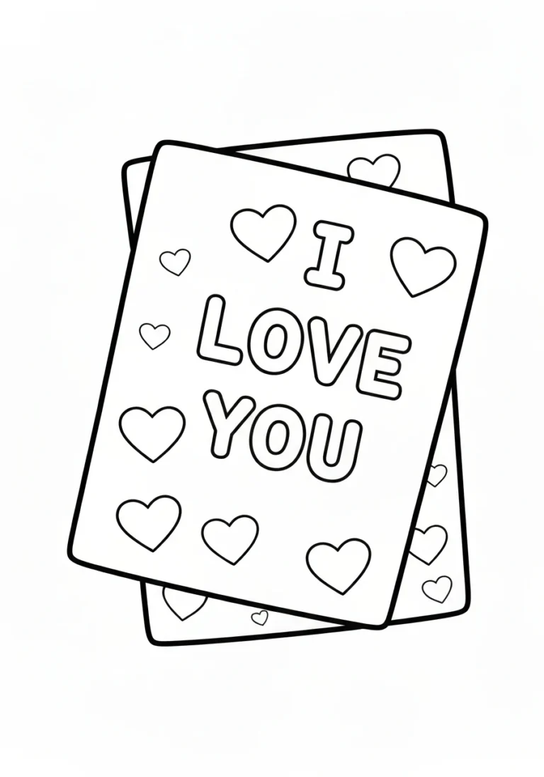 Walentynkowa kartka z napisem I LOVE YOU - kolorowanka line-art do druku