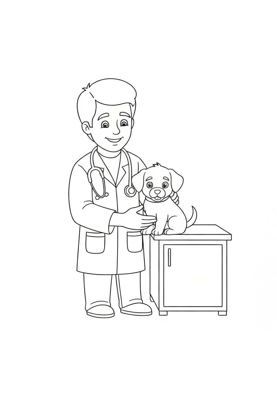 Weterynarz z pieskiem - kolorowanka zawodowa - kolorowanka line-art do druku