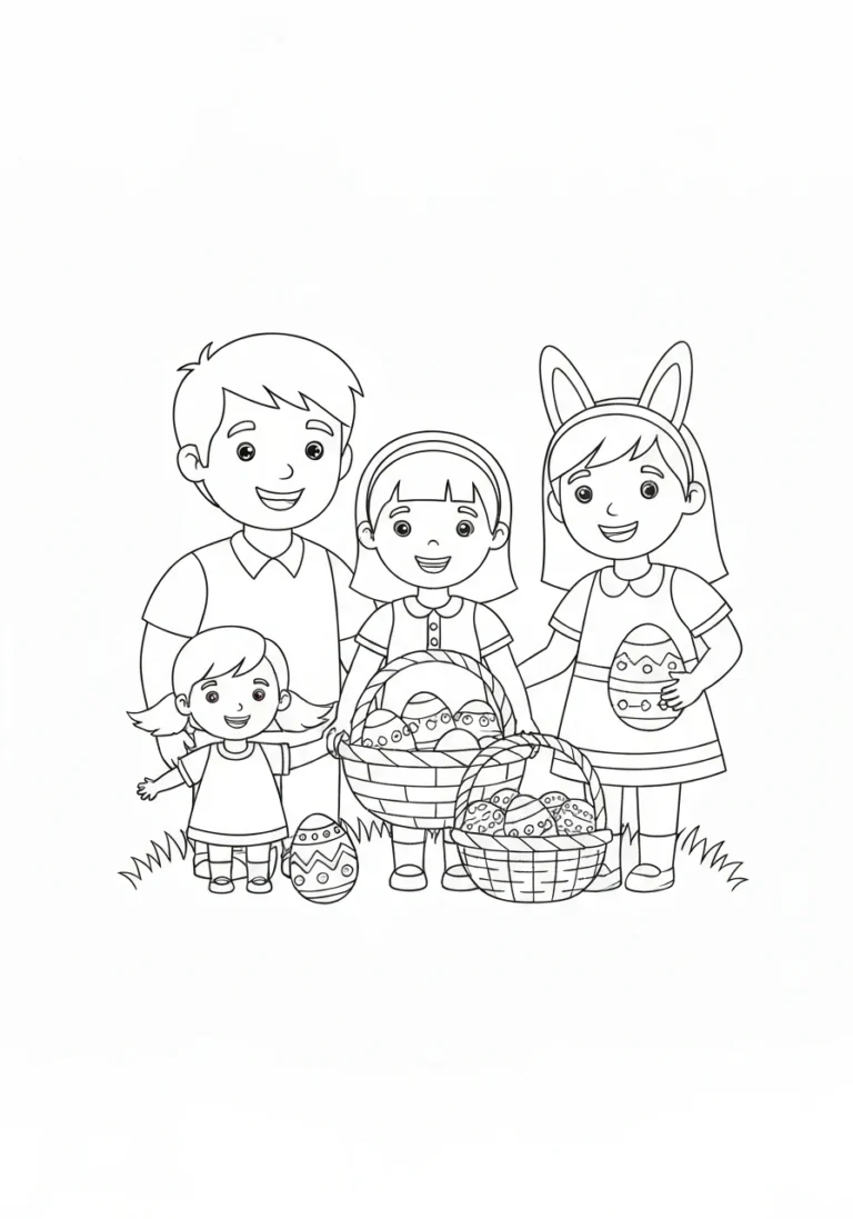 Wielkanocna scenka rodzinna - kolorowanka - kolorowanka line-art do druku