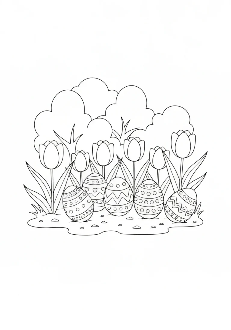 Wielkanocny ogród z tulipanami - kolorowanka - kolorowanka line-art do druku