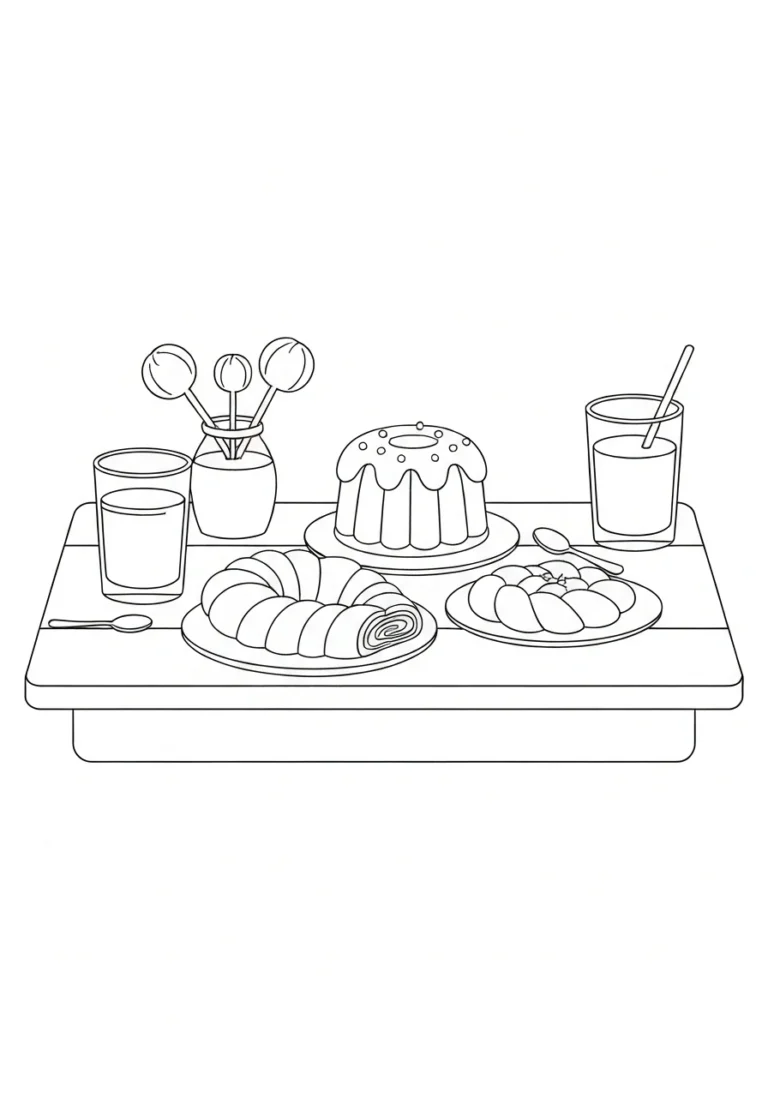 Wielkanocny stół z babką i mazurkiem - kolorowanka - kolorowanka line-art do druku