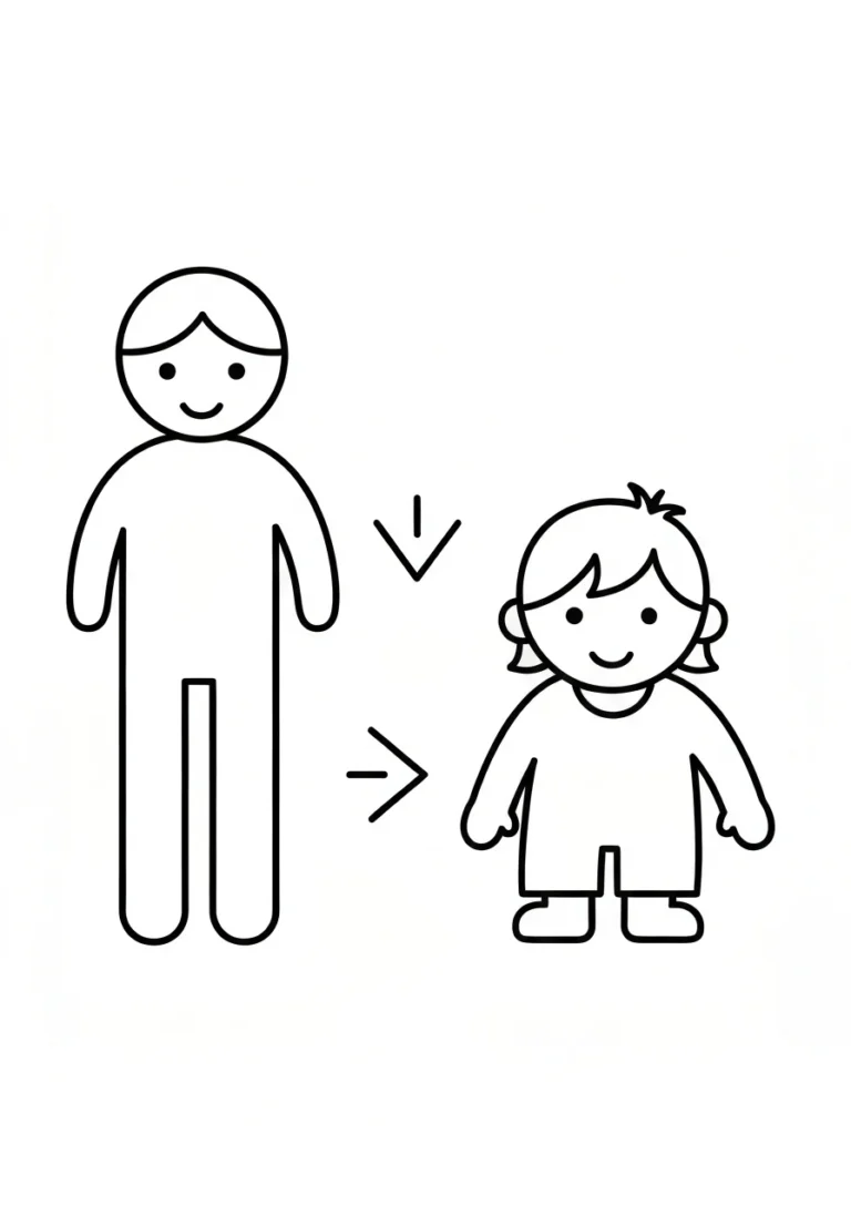 Wysoki vs niski - kolorowanka przeciwieństwa - kolorowanka line-art do druku