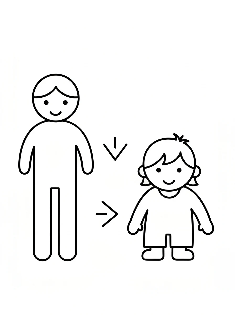 Wysoki vs niski - kolorowanka przeciwieństwa - kolorowanka line-art do druku
