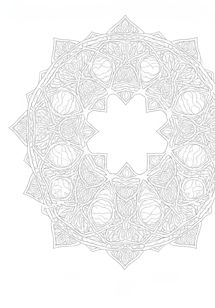 Wzór mauretański - złożony ornament islamski - kolorowanka line-art do druku