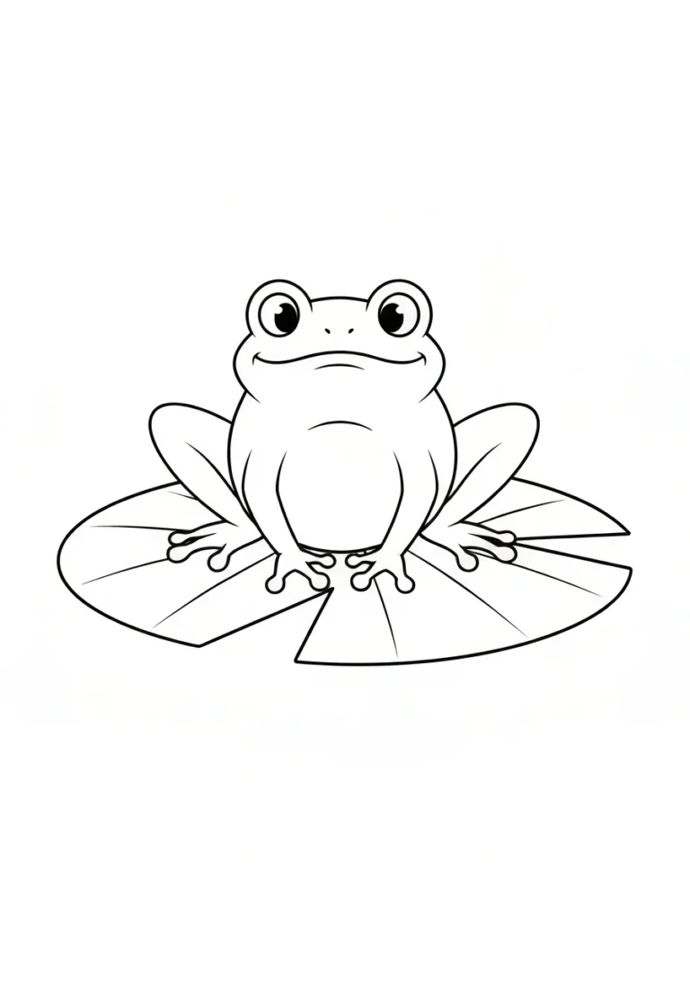 Żaba zielona na liściu lilii - kolorowanka - kolorowanka line-art do druku