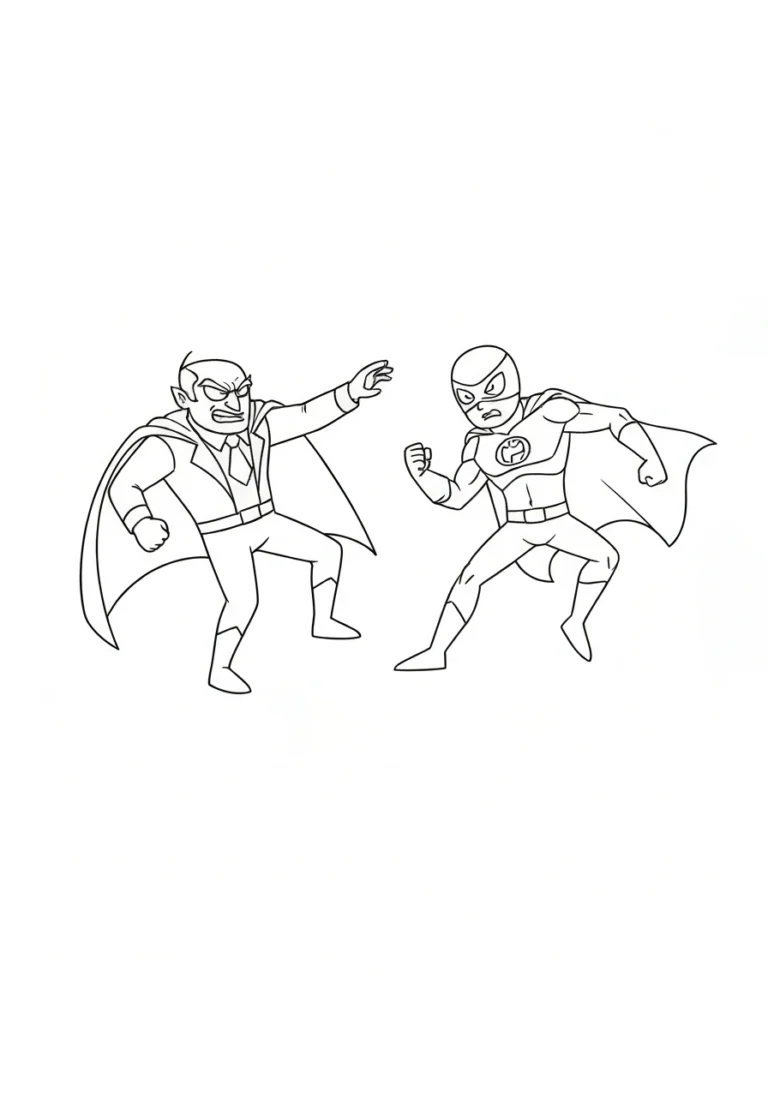 Złoczyńca i superbohater walka - kolorowanka epicka - kolorowanka line-art do druku