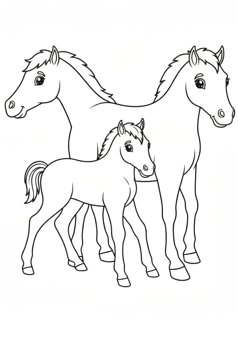 Źrebak z mamą klaczą - kolorowanka - kolorowanka line-art do druku